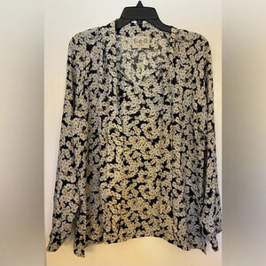 SEA New York White Daisy Long Sleeve Neck Tie Blouse Black & White Size 8